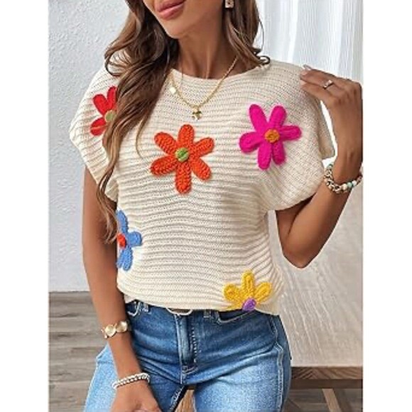Unbranded Sweaters - Women's Color Block Flower Short Sleeve Sweater Plullover Knit Top Medium